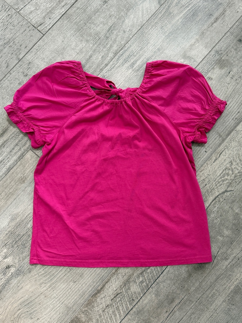J. Crew Hot Pink Cotton Puff Sleeve Peasant Blouse with Bow Detail Sz S